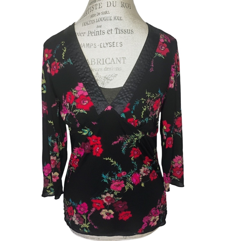 Old Navy Y2K Babydoll Top Womens Large Black‎ Floral Mesh Sheer Sleeve Phoebe